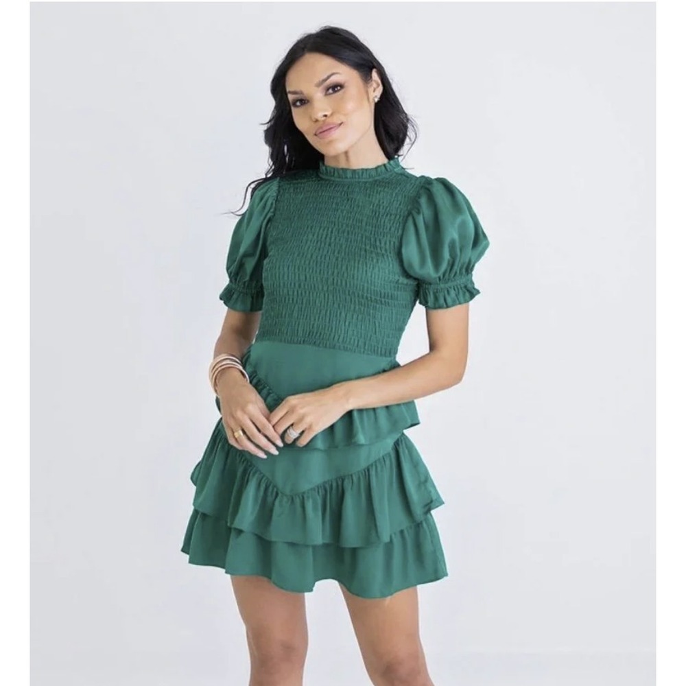 Karlie Emerald Green Satin Ruffle Smocked Puff Sleeve‎ Tier Dress Womens Medium